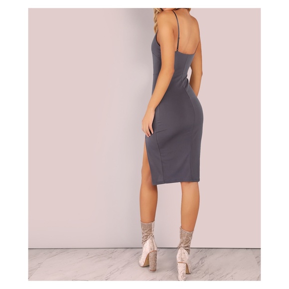 Charcoal Grey Bodycon Slit Midi Dress - Picture 3 of 8